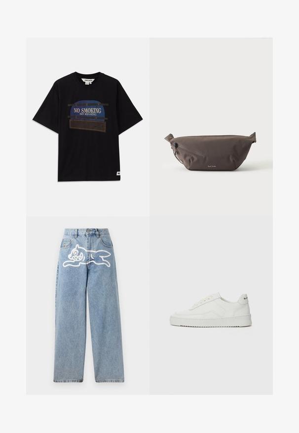 Schwarzes Baumwoll-T-Shirt mit kurzen Ärmeln, das ein grafisches Design mit dem Text "KEIN RAUCHEN" und "KEIN KÜSSEN" in blauen und weißen Akzenten zeigt.; Helleblaue Denim-Jeans mit einer lockeren, weiten Passform. Auf der Rückseite befindet sich ein weißes Grafikdesign eines laufenden Katers. Klassisches Fünf-Taschen-Design.; Weiße Ledersneaker mit glatter Oberfläche, runder Zehenpartie, flachen Schnürsenkeln und strukturiertem Sohlenprofil. Mit einem dezenten Logo an der Ferse.; Dunkelbraune Stoff-Gürteltasche mit diagonalem Reißverschlussfach und kleinem weißen Logo vorne, vor einem einfarbigen hellen Hintergrund.