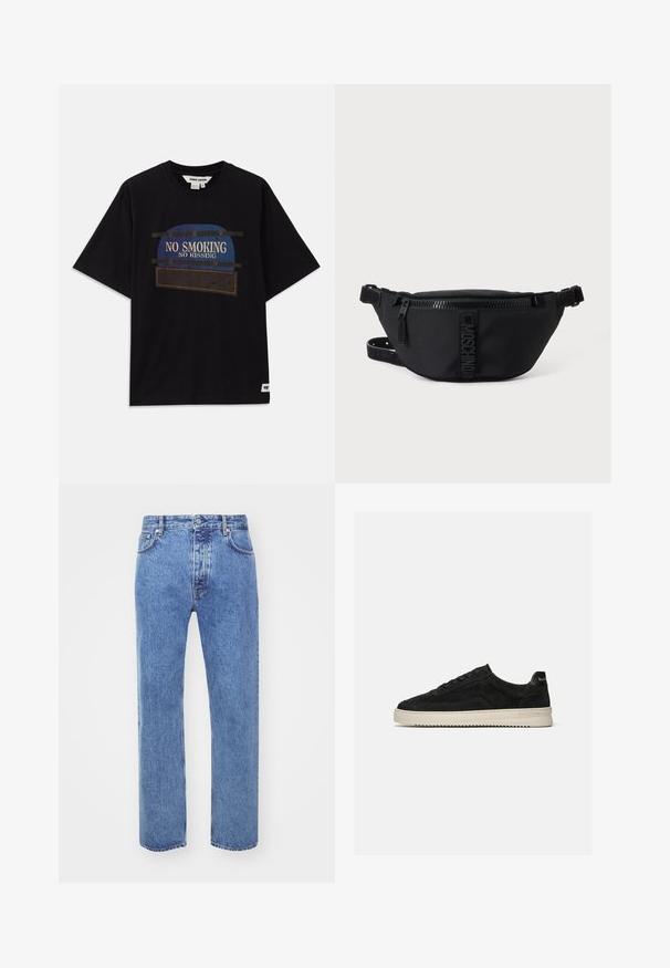 Zwarte katoenen T-shirt met korte mouwen, met een grafisch ontwerp dat de tekst "GEEN ROKEN" en "GEEN KUSSEN" in blauwe en witte accenten omvat.; Won Hundred STEVE - Relaxed fit jeans - cut blue; Zwarte suède lage sneaker met zwarte veters en witte rubberen zool, zijaanzicht op een effen lichtgrijze achtergrond.; Zwarte Moschino heuptas met rits aan de voorkant en verstelbare band op een egale lichte achtergrond.