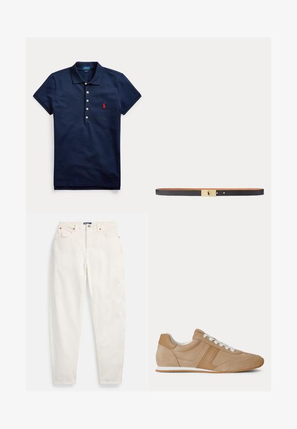 Polo azul marino de manga corta con cuatro botones blancos y logo bordado en rojo en el pecho, cuello doblado hacia abajo.; Vaqueros blancos de tiro alto y pierna recta con botón y cremallera delanteros, diseño de cinco bolsillos y etiqueta de la marca Polo en la cintura.; Zapatilla baja de ante y cuero marrón claro con cordones blancos y suela de goma blanca vista de lado sobre fondo blanco.; Cinturón de cuero negro con forro interior color tostado y hebilla rectangular dorada con el logo de un jugador de polo negro.