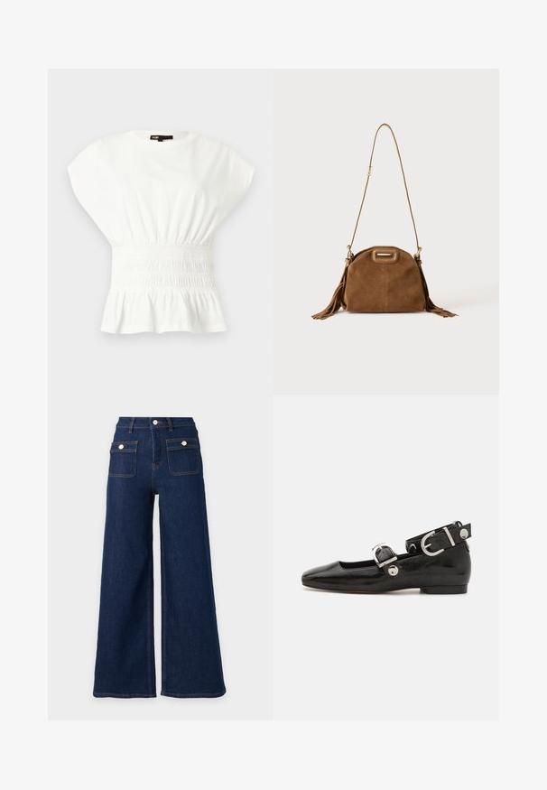 Blouse blanche à manches courtes avec taille froncée et ourlet à volants, dotée d'un col rond et d'une étiquette de marque à l'intérieur du col.; Jeans en denim bleu foncé à jambes larges, taille haute et deux poches avant à rabat avec boutons.; Ballerine en cuir verni noir avec un bout carré, sangle de cheville avec des détails en métal argenté et semelle plate. Texture lisse avec un design minimaliste.; Sac à épaule en daim marron avec une longue bandoulière, une découpe rectangulaire de la poignée et des détails à pompons sur les côtés sur fond blanc.