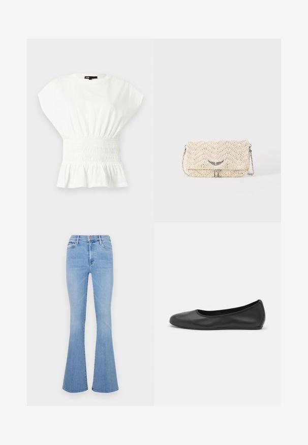 Blouse blanche à manches courtes avec taille froncée et ourlet à volants, dotée d'un col rond et d'une étiquette de marque à l'intérieur du col.; Jean évasé bleu clair à taille haute, fabriqué en denim, avec des poches avant et une texture légèrement délavée.; Ballerines en cuir noir avec un bout rond, texture lisse, détails de couture minimalistes et design de semelle flexible.; Pochette tissée beige avec rabat, bandoulière chaîne en métal et petite décoration argentée en forme d'aile à l'avant.