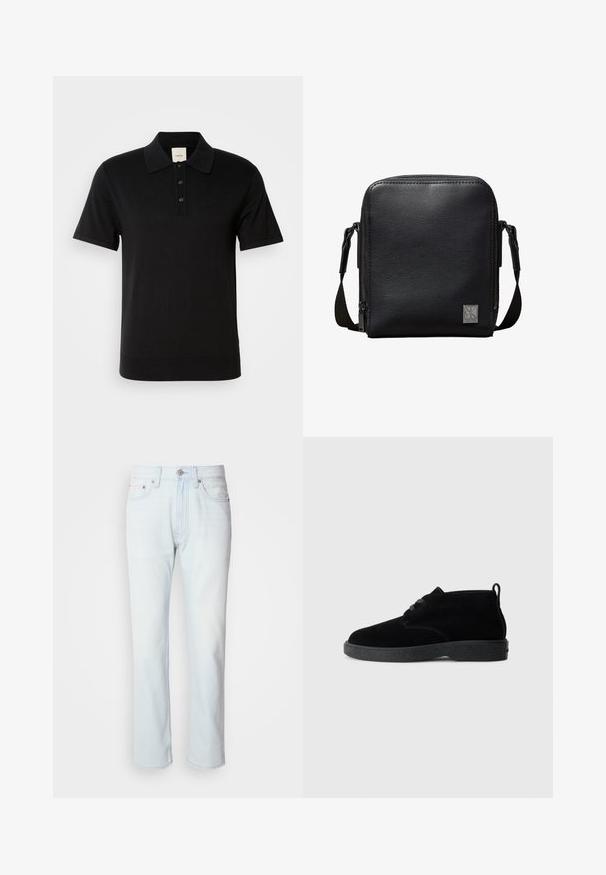 Zwarte polo met korte mouwen, drie knopen, geribde zoom, kraag en subtiel tonale "CK"-logo op de linkerborst.; Lichtblauwe denim jeans met een rechte pijp. Voorzien van een knoopsluiting en riemlussen, met een vervaagde textuur en minimale stiksels.; Zwarte suede enkellaarsjes met een ronde neus, vetersluiting, zwarte rubberen zool en een aantreklip aan de achterkant voor gemakkelijk aan- en uittrekken.; Zwarte textuurlederen crossbody tas met verstelbare riem en metalen Calvin Klein-logo op de voorkant.