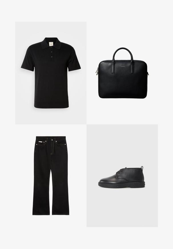 Sort kortærmet polo med tre-knaps lukning, ribkant forneden, krave og subtil tonal "CK" logo på venstre bryst.; Sorte jeans med lige ben, orange syning, fem lommer, knaplukning og et lille Calvin Klein-mærke på den forreste højre lomme.; Sorte læder ankelstøvler med glat tekstur, rund tå og sort gummisål. Har en snørelukning og en hælflap for nem påtagning.; Sort tekstureret lædermappe med dobbelte håndtag og sølv lynlås, centreret på hvid baggrund.