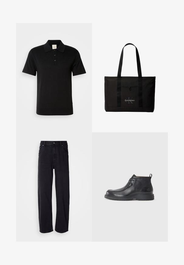 Sort kortærmet polo med tre-knaps lukning, ribkant forneden, krave og subtil tonal "CK" logo på venstre bryst.; Sorte denimjeans med løs pasform, der har høj talje, fem lommer og metalknapper. Stoffet har en mat tekstur.; Sorte læder ankelstøvler med rund tå, snørelukning og en løkke bagpå. Tekstureret overdel og gummisål.; Sort Calvin Klein tote taske med to lange håndtag og lomme foran, med mærkets logo i hvid og grå.