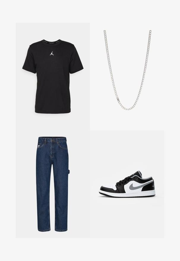 Sort bomulds t-shirt med korte ærmer, rund hals, med et hvidt Jumpman-logo på brystet og en glat, let tekstur.; Mørkeblå denim jeans med lige ben, fem lommer og et synligt mærke på forsiden til venstre.; Jordan AIR JORDAN 1 - Sneakers - black/particle grey-white; Sølv kædedesign med sammenkoblede led, glat tekstur og ensartet rektangulær form. Sikker lukning.