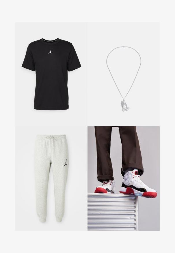 Sort bomulds t-shirt med korte ærmer, rund hals, med et hvidt Jumpman-logo på brystet og en glat, let tekstur.; Grå svedbukser med elastisk talje og snøre, med et sort Jumpman-logo på venstre ben, lavet af blødt, tekstureret stof.; Hvide og sorte sportsko med røde detaljer. Har mesh- og lædermaterialer, rund tå og struktureret gummisål.; Sølvvedhæng med halskæde, der har to sammenflettede hænder, hængende fra en fint kæde med en glat tekstur.