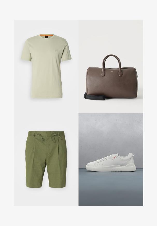 T-shirt vert clair à manches courtes en coton. Présente un petit logo carré sur la poitrine et un accent orange au niveau du col.; Shorts verts olive en tissu léger, avec une taille élastique dotée d'un cordon de serrage, un design plissé à l'avant et une coupe au genou.; Sneaker blanche avec une finition en cuir lisse, bout rond, quatre œillets, perforations subtiles et un détail de logo rouge sur le côté.; Sac de sport en cuir marron avec deux poignées, une bandoulière noire réglable et un petit logo "BOSS" au centre à l'avant.