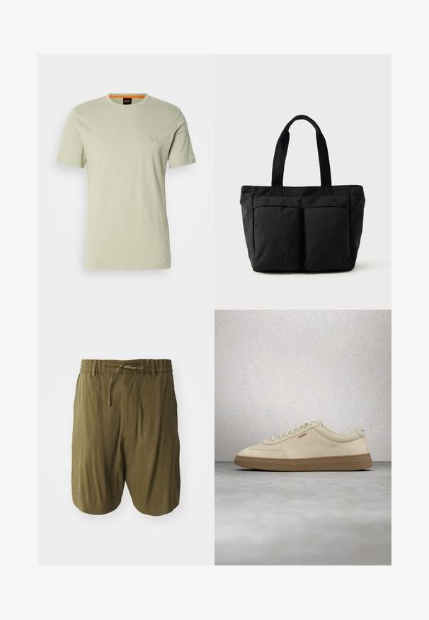 T-shirt vert clair à manches courtes en coton. Présente un petit logo carré sur la poitrine et un accent orange au niveau du col.; Shorts vert olive en tissu léger, dotés d'une taille élastique avec cordon de serrage, et poches latérales pour un confort supplémentaire.; Baskets en daim beige clair avec une semelle en caoutchouc gomme, des lacets prononcés et des détails de couture subtils. Design épuré avec une esthétique minimaliste.; Sac fourre-tout noir en tissu doux, avec deux poches avant et des anses robustes. Logo affiché sur le côté. Design simple et fonctionnel.