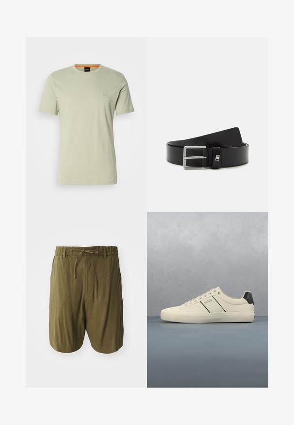 Hellgrünes T-Shirt mit kurzen Ärmeln aus Baumwolle. Verfügt über ein kleines quadratisches Logo auf der Brust und einen orangen Akzent am Ausschnitt.; Olivgrüne Shorts aus leichtem Stoff, mit einem elastischen Bund und Kordelzug sowie seitlichen Taschen für zusätzlichen Komfort.; Cremfarbene Sneaker mit glatter Oberfläche, die schwarze Akzente und Markenlogo aufweisen. Klassisches Schnürdesign mit runder Zehenform und Gummisohle.; Schwarzer Leder-Gürtel mit glatter Textur, ausgestattet mit einer silbernen Metallschnalle und einem rechteckigen Akzent in der Nähe der Schnalle.