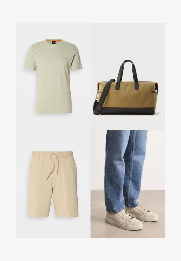 Vaaleanvihreä lyhythihainen t-paita, joka on valmistettu puuvillasta. Sisältää pienen neliön muotoisen logon rinnassa ja oranssin yksityiskohdan kauluksessa.; Beige shorts valmistetut tekstuurikangasta, joissa on joustava vyötärö, naru ja sivutaskut käytännöllisyyden vuoksi.; BOSS GARYTENN_SDHDEL - Matalavartiset tennarit - natural ten; Vaaleanruskea ja musta suuri matkakassi, jossa mustat nahkahihnat ja irrotettava olkahihna, suorakulmainen muoto, etupuolella BOSS-logo.