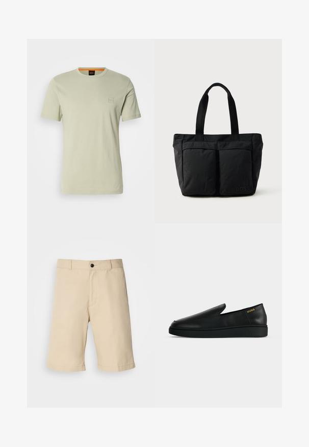 Hellgrünes T-Shirt mit kurzen Ärmeln aus Baumwolle. Verfügt über ein kleines quadratisches Logo auf der Brust und einen orangen Akzent am Ausschnitt.; Beige Shorts aus leichtem Stoff, mit flachem Vorderteil, standardgemäßem Bund mit Knopfverschluss und geradem Saum.; Ein einzelner schwarzer Lederschuh zum Hineinschlüpfen mit dicker Sohle und "HUGO" Branding in Gold nahe der Ferse auf einem einfarbigen hellgrauen Hintergrund.; Schwarze Tragetasche aus weichem Stoff, mit zwei vorderen Taschen und stabilen Tragegriffen. Logo an der Seite angebracht. Einfaches, funktionales Design.