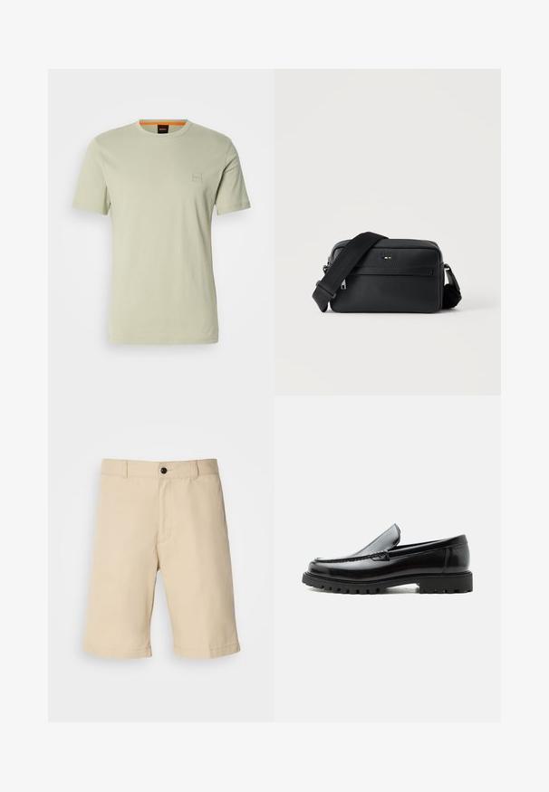 T-shirt vert clair à manches courtes en coton. Présente un petit logo carré sur la poitrine et un accent orange au niveau du col.; Shorts beiges en tissu léger, avec une taille plate, une taille standard avec fermeture à bouton, et un ourlet droit.; Mocassin en cuir noir avec semelle en caoutchouc épaisse, dessus cousu et nom de marque embossé sur le talon, présenté de profil sur fond blanc.; Sac bandoulière en cuir noir texturé avec poche avant zippée et bandoulière large en tissu réglable sur fond blanc.