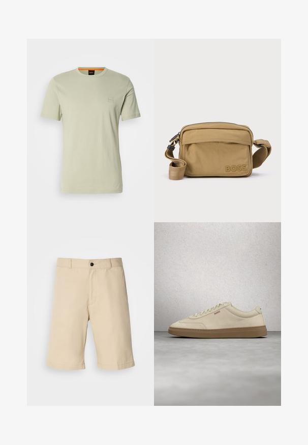 Vaaleanvihreä lyhythihainen t-paita, joka on valmistettu puuvillasta. Sisältää pienen neliön muotoisen logon rinnassa ja oranssin yksityiskohdan kauluksessa.; Beige shorts valmistettu kevyestä kankaasta, jossa on tasainen etuosa, normaali vyötärö nappisulkimella ja suora helma.; Vaaleanbeige mokkanahkainen tennari kumipohjalla, näyttävillä nauhoilla ja hillityillä ompeluilla. Siisti muotoilu minimalistisella estetiikalla.; Ruskean sävyinen olkalaukku teksturoidusta kankaasta, vetoketjullinen pääosasto, etutasku ja kohokuvioitu logo. Säädettävä olkahihna, kompakti suorakulmainen muoto.