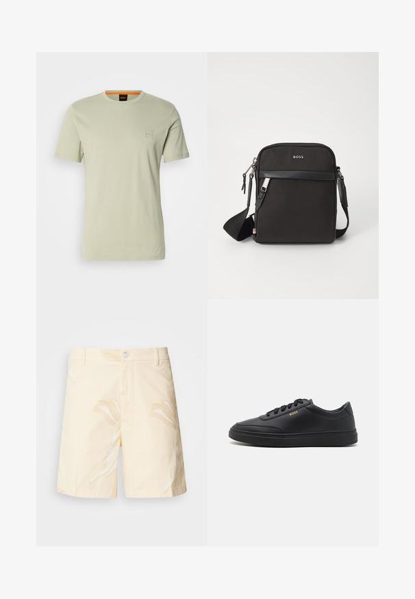 T-shirt vert clair à manches courtes en coton. Présente un petit logo carré sur la poitrine et un accent orange au niveau du col.; Shorts en coton de couleur jaune pâle avec un motif floral. Dotés d'une fermeture à bouton, de poches avant et d'une coupe droite avec des bords ourlés.; Baskets en cuir noir avec une texture lisse, bout rond, semelle en caoutchouc plate et lacets ton sur ton. Présente une marque "BOSS" dorée sur le côté.; Sac bandoulière noir en tissu texturé, avec un logo sur le devant, fermeture éclair et une bandoulière réglable. Finitions en cuir lisse.