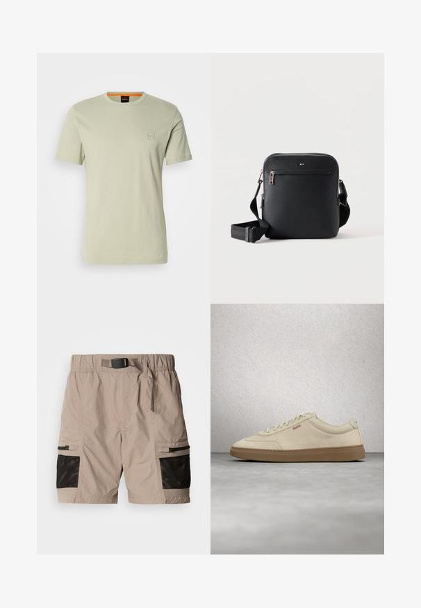 Hellgrünes T-Shirt mit kurzen Ärmeln aus Baumwolle. Verfügt über ein kleines quadratisches Logo auf der Brust und einen orangen Akzent am Ausschnitt.; Beige Cargo-Shorts aus strukturiertem Stoff mit schwarzen Netzpaneelen, elastischem Bund und seitlichen Taschen mit Reißverschlüssen.; Hellbeiger Wildledersneaker mit Gummisohle, auffälligen Schnürsenkeln und dezenten Nahtdetails. Sauberes Design mit minimalistischem Ästhetik.; Schwarze Leder-Umhängetasche mit vorderer Reißverschlusstasche und verstellbarem Riemen auf weißem einfarbigem Hintergrund.