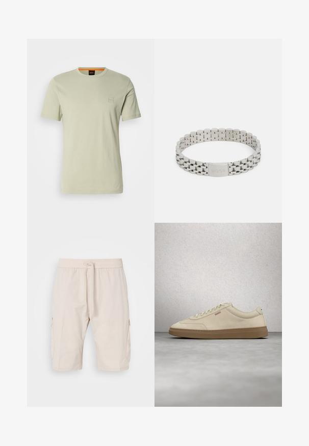T-shirt vert clair à manches courtes en coton. Présente un petit logo carré sur la poitrine et un accent orange au niveau du col.; Shorts cargo beiges avec une taille élastique et un cordon de serrage, dotés de deux poches latérales et d'un tissu lisse et léger.; Baskets en daim beige clair avec une semelle en caoutchouc gomme, des lacets prononcés et des détails de couture subtils. Design épuré avec une esthétique minimaliste.; Bracelet en acier inoxydable argenté avec un design à maillons, doté d'un fermoir gravé avec "BOSS". Fini lisse et poli avec des bords arrondis.