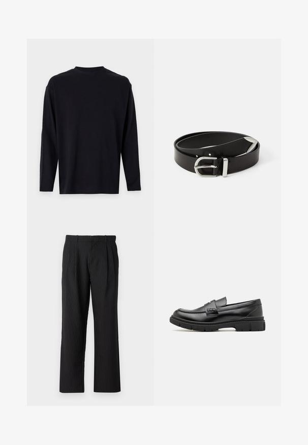 Must have mustem, millel on pikk varrukas, valmistatud siledast kangast. Omab ümarat kaelust, lahtist lõiget ning ei oma nähtavaid mustreid ega kaunistusi.; Jack & Jones Classic Wide Leg Fit - Püksid - black; Musthave nahkast suss, millel on lai rihm üle vöö, kummitald paksude mustritega ning sile tekstuur. Klassikaline, elegantne disain.; Mustmust nahkööv musta nahast vöö hõbedase metalli pandlaga, klassikalise disainiga ja sileda tekstuuriga. Sisaldab augusid reguleeritavaks sobimiseks.