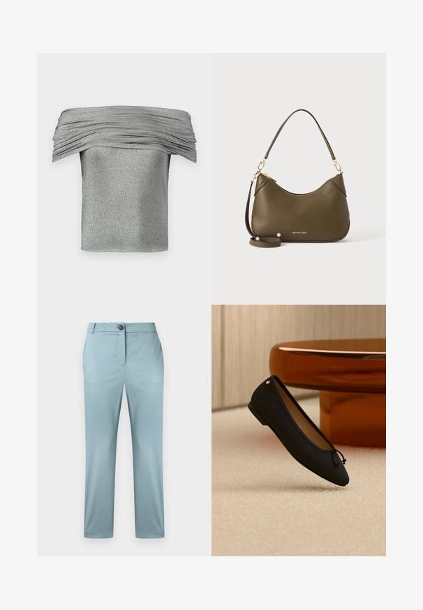 Haut argenté à épaules nues avec texture plissée, fabriqué à partir d'un tissu scintillant. Conception courte et ajustée avec une finition lisse.; Pantalon bleu clair ajusté avec un bouton à l'avant, des passants de ceinture et une coupe droite, sur un fond uni.; Une chaussure de ballet plate noire unique avec un petit nœud et un détail doré, placée sur un tapis beige près d'une table ronde couleur ambre.; Sac à main en cuir vert olive avec bandoulières courtes et longues, éléments dorés et logo Michael Kors en doré près de la base sur un fond uni.