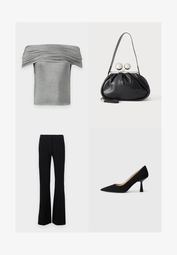 Haut argenté à épaules nues avec texture plissée, fabriqué à partir d'un tissu scintillant. Conception courte et ajustée avec une finition lisse.; Pantalons noirs évasés en tissu extensible avec une texture lisse et une taille ajustée. Aucune fermeture visible ni motifs.; Pompe à talons hauts en suède noir avec un bout pointu, dotée d'un talon bloc noir brillant et d'une doublure intérieure lisse.; Sac à main en cuir noir avec un design plissé, une sangle unique, un cadre métallique argenté et deux grandes fermoirs ronds en argent.