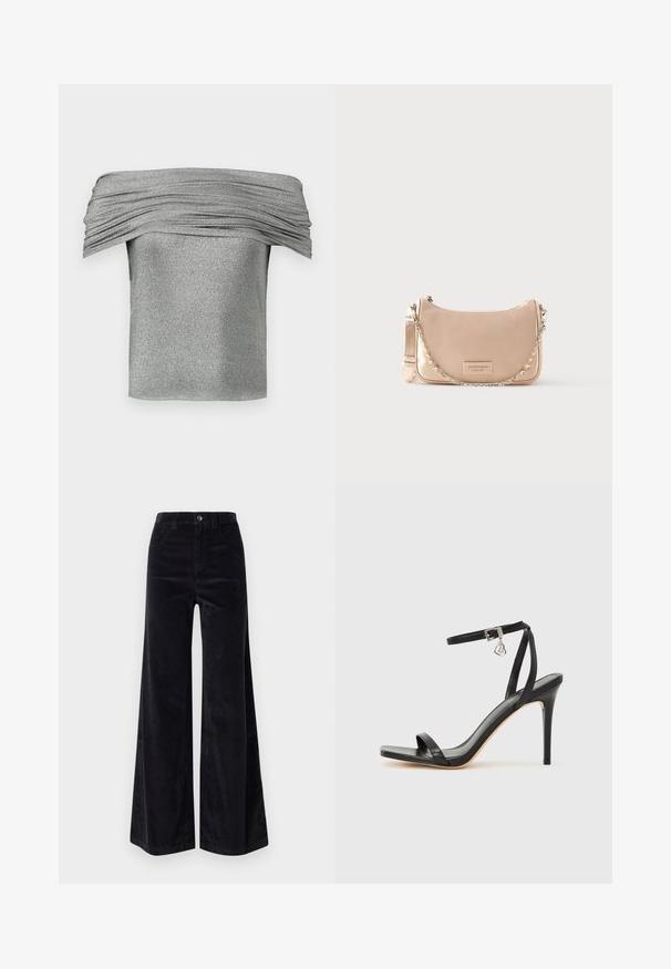 Haut argenté à épaules nues avec texture plissée, fabriqué à partir d'un tissu scintillant. Conception courte et ajustée avec une finition lisse.; Pantalons larges en velours côtelé noir avec taille haute, fermeture à bouton et poches avant. Texture lisse avec un motif en ribbing vertical.; Sandale à talon haut noire avec une bride étroite à la cheville, bout carré, cuir lisse et accent de boucle métallique.; Sac à main rose pâle avec une silhouette incurvée, en cuir lisse, et une bandoulière en chaîne. Présente un patch logo à l'avant.