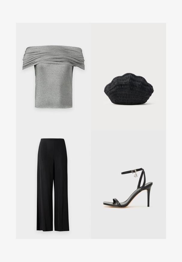 Haut argenté à épaules nues avec texture plissée, fabriqué à partir d'un tissu scintillant. Conception courte et ajustée avec une finition lisse.; Pantalons larges noirs en tissu lisse, avec une taille haute et sans poches ni éléments métalliques visibles. Design longueur sol.; Sandale à talon haut noire avec une bride étroite à la cheville, bout carré, cuir lisse et accent de boucle métallique.; Sac à main en osier noir en forme de coquille Saint-Jacques avec un dessus courbé et une texture tressée sur un fond uni.