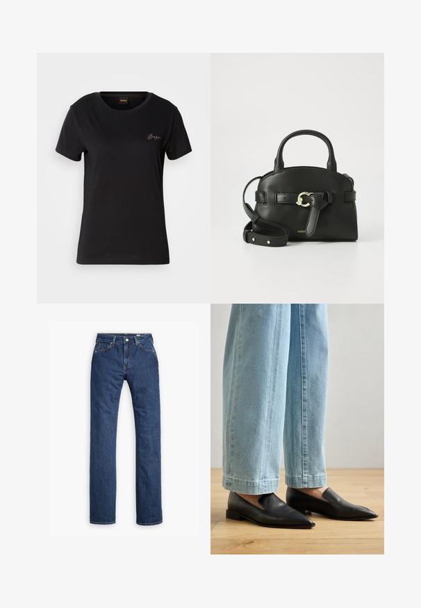 Camiseta negra de manga corta con cuello redondo, que presenta un pequeño logo bordado tonal en el área del pecho izquierdo. Textura de tela suave.; Levi's® MOJ MIJ PLANK STRAIGHT - Vaqueros rectos - stems; Zapatos de cuero negro con punta afilada y diseño sin cordones, combinados con jeans de pierna ancha en azul claro, sobre un suelo de madera.; Bolso de mano de piel negra con forma estructurada, asas cortas y una correa de hombro desmontable. Presenta herrajes en tono dorado y un detalle de lazo.