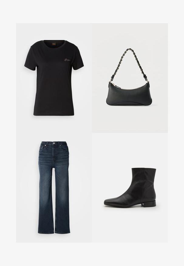 Camiseta negra de manga corta con cuello redondo, que presenta un pequeño logo bordado tonal en el área del pecho izquierdo. Textura de tela suave.; Jeans de pierna ancha azul oscuro de denim. Diseño de cintura alta con cierre de botón en el frente y bolsillos laterales. Textura suave y corte clásico.; Botín negro de cuero hasta el tobillo con punta afilada, textura suave, diseño minimalista y tacón bajo en bloque. La cremallera lateral sube hasta el tobillo.; Bolso de hombro de cuero negro con forma rectangular curvada, cadena dorada entrelazada en una correa negra trenzada y cierre superior con cremallera.