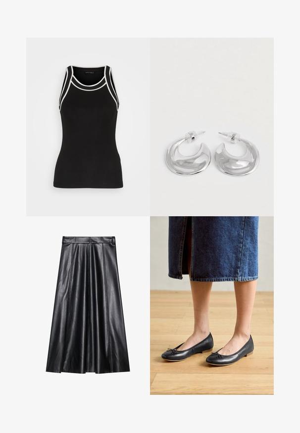 Schwarzes geripptes Tanktop mit weißen Akzenten. Verfügt über einen runden Halsausschnitt und ein Racerback-Design. Hergestellt aus einem dehnbaren Stoff für zusätzlichen Komfort.; Schwarzer Leder-A-Linie-Rock mit Falten, der eine glatte Textur, einen figurschmeichelnden Bund und sichtbare Nahtdetails aufweist. Keine zusätzlichen Akzente.; Schwarze Leder-Ballerinas mit spitz zulaufender Zehenpartie, einem kleinen Schleifchen und einem niedrigen Holzabsatz, getragen mit einem Jeansrock.; Ein Paar polierte silberne, halbmondförmige Creolen mit klaren Kunststoffrückseiten auf einer weißen Oberfläche.