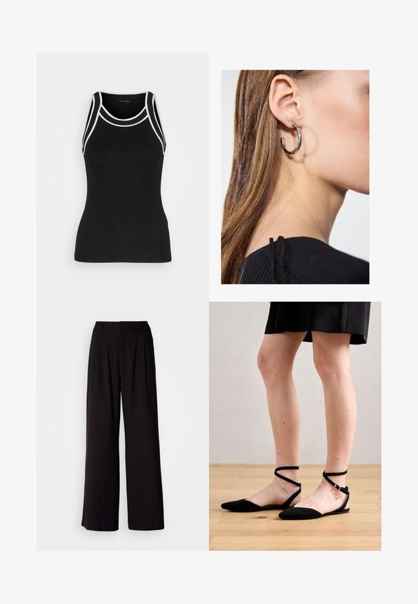Débardeur noir à côtes avec des bordures blanches. Il présente un col rond et un design dos nageur. Fabriqué en tissu extensible pour plus de confort.; Pantalon large noir en tissu lisse, avec des plis à l'avant, une taille ajustée, et sans motifs ni accents visibles.; Sandales plates noires en daim avec bout pointu, dotées de brides de cheville croisées et d'une fermeture à boucle. Texture lisse et design minimaliste.; Boucle d'oreille en argent avec une finition polie, présentant de petits détails en or et de forme ronde, portée sur le lobe.