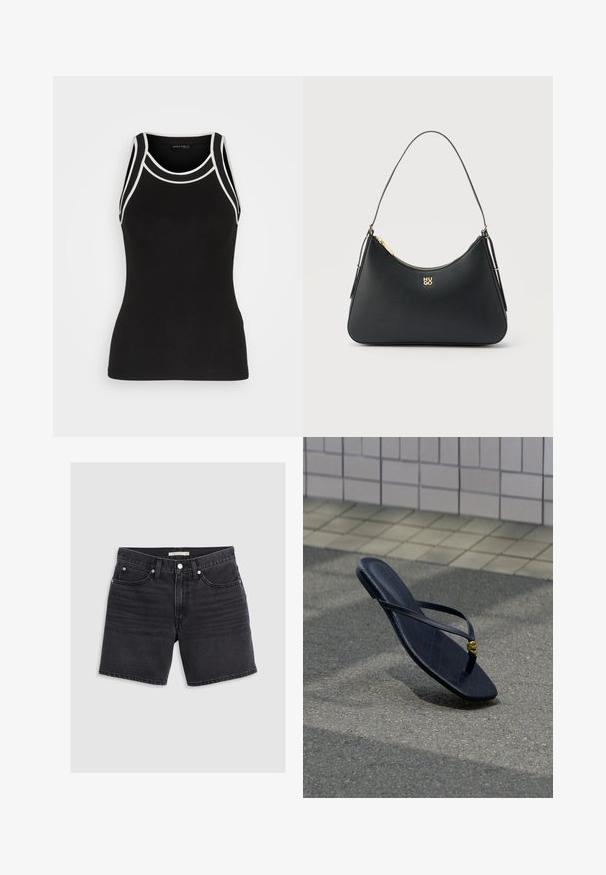 Débardeur noir à côtes avec des bordures blanches. Il présente un col rond et un design dos nageur. Fabriqué en tissu extensible pour plus de confort.; Shorts en denim noir avec un design classique à cinq poches, fermeture à bouton métal et couture contrastante avec des détails légèrement décolorés.; Tongs en cuir noir avec une boucle décorative dorée, reposant sur un pavement texturé près d’un mur carrelé en extérieur.; Sac à main en cuir noir avec fermeture éclair dorée, sangle fine et logo "HUGO" doré centré à l'avant.