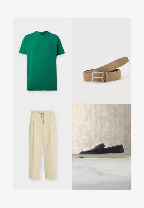 T-shirt vert à manches courtes et col ras du cou avec un petit logo noir "BOSS" sur le côté gauche de la poitrine.; Pantalon beige droit avec passants pour ceinture et nouage à l'avant, présentant un design épuré et ajusté ainsi qu'un tissu texturé.; Mocassin en cuir noir avec semelle blanche, posé sur un tapis beige près d'un pied de table rond en bois brun.; Ceinture en daim marron clair avec boucle métallique argentée, roulée et posée sur une surface blanche.