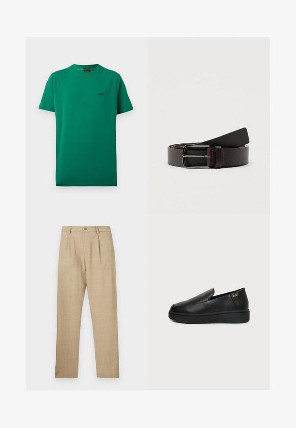 T-shirt vert à manches courtes et col ras du cou avec un petit logo noir "BOSS" sur le côté gauche de la poitrine.; Pantalon beige ajusté avec fermeture à boutons et fermeture éclair, passants pour ceinture et plis plats à l'avant, présenté à plat sur un fond blanc.; Chaussure noire en cuir à enfiler avec semelle épaisse et petits trous de ventilation latéraux, avec un logo doré "HUGO" près du talon.; Ceinture en cuir marron avec une finition texturée, dotée d'une boucle en métal argenté et d'un détail de couture rouge sur le passant.