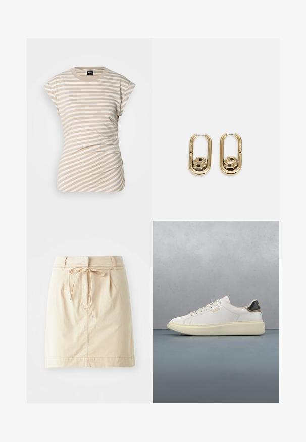 T-shirt à rayures beige et blanches, à manches courtes, avec un col rond et un tissu froncé sur les côtés pour la texture et l'ajustement. Logo de la marque visible.; Jupe kaki en tissu léger avec une taille ajustée, des détails de cordon de serrage, des plis et des coutures subtiles. Texture lisse.; Basket blanche avec un upper en cuir lisse, dotée d'une languette de talon en cuir beige et noir, de lacets ronds et d'une semelle en caoutchouc beige épaisse. Détail du logo doré.; BOSS DOUBLE B SWING - Boucles d'oreilles - gold-coloured
