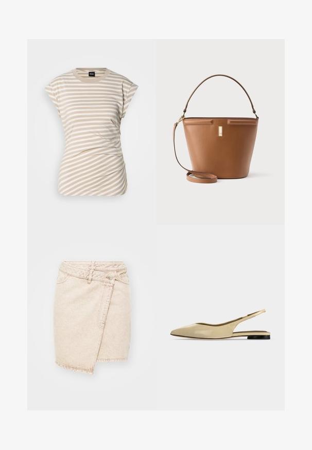 T-shirt à rayures beige et blanches, à manches courtes, avec un col rond et un tissu froncé sur les côtés pour la texture et l'ajustement. Logo de la marque visible.; Jupe mini en denim beige au design enveloppé, dotée d'une fermeture à bouton, de coutures visibles et d'une texture légèrement usée.; Chaussure plate beige à bout pointu avec bride arrière, petit talon noir et finition en cuir lisse, vue de côté sur un fond uni.; Sac seau en cuir marron à texture lisse, avec une poignée courte et une bandoulière amovible. Présente un accent de quincaillerie couleur or.