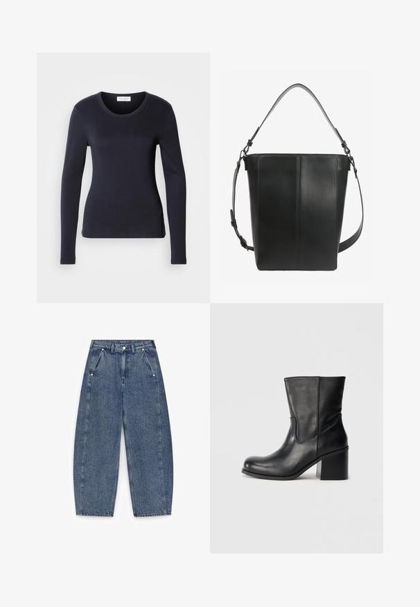 Zwarte fitted langemouwen top gemaakt van een gladde stof, met een ronde hals en een eenvoudig ontwerp, en een klein label aan de onderkant.; Blauwe denim jeans met hoge taille en brede pijpen, voorzien van schuine zakken aan de voorkant, riemlussen en een knoopsluiting in de taille.; Zwarte leren enkellaars met een afgeronde neus, zijkantnaaddetails en een chunky blokhak. Soepele textuur en minimalistisch ontwerp.; Zwarte leren bucketbag met verticale stiksels, een kort handvat en een verstelbare schouderriem met metalen sluitingen.
