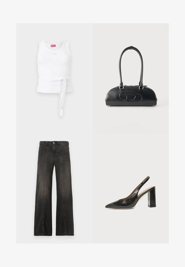Débardeur blanc côtelé sans manches, avec encolure ronde, logo Diesel sur la poitrine, et longue ceinture en tissu nouée à la taille.; Jean en denim noir à jambes larges avec une finition délavée, comprenant deux poches avant et des détails cousus le long des coutures. Conception taille haute.; Chaussure slingback en cuir noir à bout pointu avec un talon bloc haut et une doublure intérieure beige sur un fond clair uni.; Sac à main en cuir noir avec longues poignées doubles et logo ovale embossé sur le devant, présenté sur un fond clair uni.
