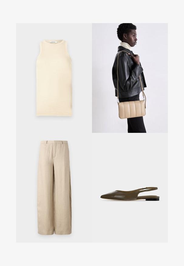 Lichtbeige mouwloze top van ribstof, met een ronde halslijn en een fitted ontwerp. Glad oppervlak met minimale naden.; Beige wijde linnen broek. Voorzien van een middenplooi, twee zijzakken en een tailleband met riemlussen. Gladde textuur.; Olijfgroene platte slingback met spitse neus, lage zwarte hak en een gladde, glanzende afwerking.; Beige leren crossbody tas met een gequilt ontwerp, rechthoekige vorm, dunne schouderband en zilverkleurige hardware, gedragen door een persoon in een zwarte jas.