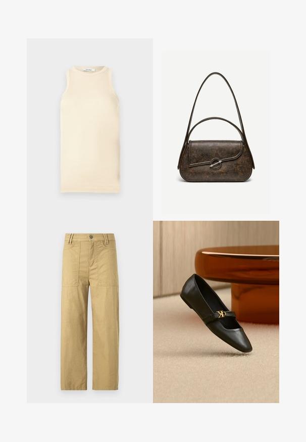 Lichtbeige mouwloze top van ribstof, met een ronde halslijn en een fitted ontwerp. Glad oppervlak met minimale naden.; Beige katoenen cargo-broek met een hoge taille, twee voorzakken en een ontspannen pasvorm. Voorzien van een haak- en ritssluiting aan de voorkant.; Zwarte leren platte schoen met puntige neus en gouden CK-logo op het bandje, geplaatst op een beige tapijt bij een ronde amberbruine tafel.; Donkerbruine lederen handtas met textuur, twee hengsels, afgeronde rechthoekige vorm en zilveren cirkelvormige sluiting op de voorflap.