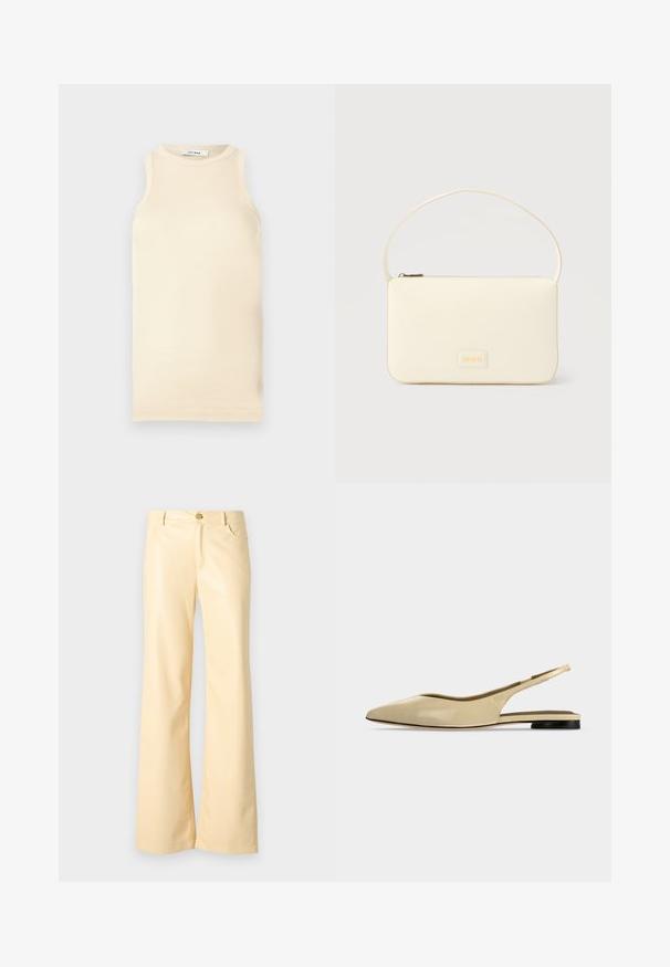 Lys beige ærmeløs top lavet af ribbet stof, med en rund halsudskæring og tætsiddende design. Glat tekstur med minimale sømme.; Breddebenede bukser i en lys gul farve, lavet af glat, skinnende materiale. Har en frontknap, to sidelommer og en lige pasform.; Beige spids tå slingback flad sko med lav sort hæl og en glat læderfinish, vist fra siden på en ensfarvet baggrund.; Kremfarvet rektangulær håndtaske med en enkelt rem og lynlås øverst, med en lille præget logo-plakette foran.