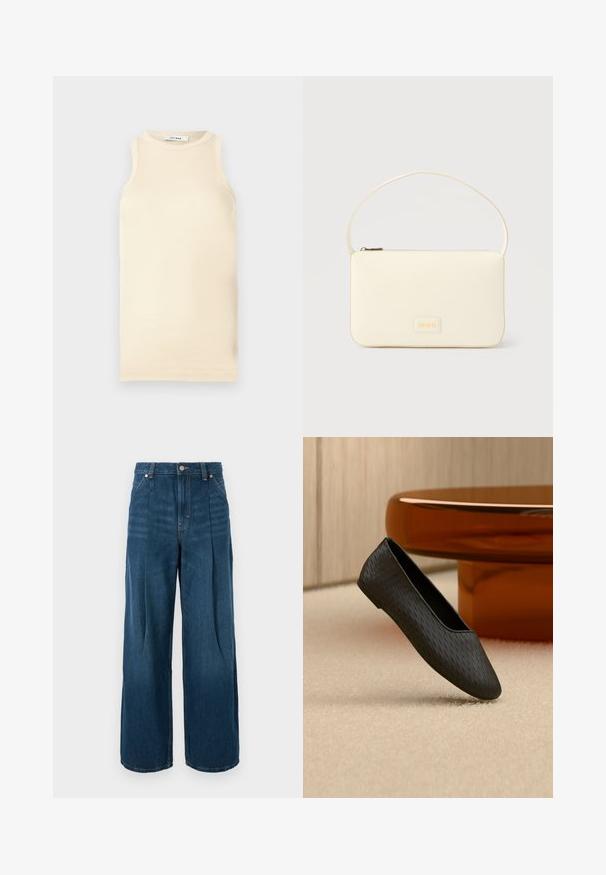 Lichtbeige mouwloze top van ribstof, met een ronde halslijn en een fitted ontwerp. Glad oppervlak met minimale naden.; Donkere blauwe denim jeans met hoge taille en brede pijpen, voorzien van voorvouwen, riemlussen en een knoopsluiting.; Zwarte gestructureerde slip-on platte schoen zwevend boven een beige tapijt nabij een ronde amberkleurige tafelpoot.; Roomkleurige rechthoekige handtas met een enkele draagband en een ritssluiting aan de bovenkant, met een klein ingegraveerd logoplacaat op de voorkant.