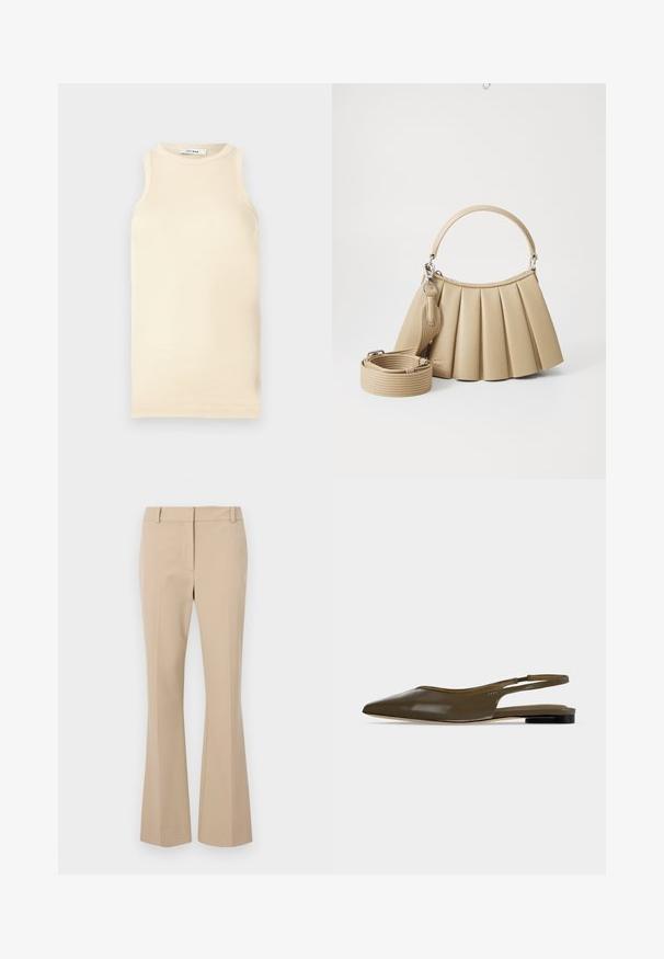 Top sin mangas de color beige claro, hecho de tejido acanalado, que presenta un escote redondo y un diseño ajustado. Textura suave con costuras mínimas.; Pantalones beige ajustados de corte recto, con frente plano, trabillas para cinturón y una textura suave. Sin bolsillos ni patrones visibles.; Zapato plano de tacón bajo y tira trasera en punta de color verde oliva con acabado liso y brillante.; Lacoste LENGLEN BAG - Bolso de mano - viennois