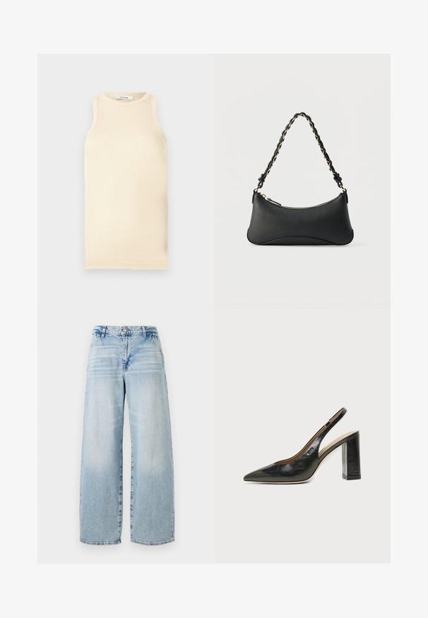 Top sin mangas de color beige claro, hecho de tejido acanalado, que presenta un escote redondo y un diseño ajustado. Textura suave con costuras mínimas.; Jeans de mezclilla azul claro de pierna ancha con una cintura alta, efecto de desgaste sutil, dobladillo sin terminar y diseño clásico de cinco bolsillos.; Zapato slingback de piel negra con puntera puntiaguda, tacón alto y ancho, y forro interior beige sobre un fondo claro y liso.; Bolso de hombro de cuero negro con forma rectangular curvada, cadena dorada entrelazada en una correa negra trenzada y cierre superior con cremallera.