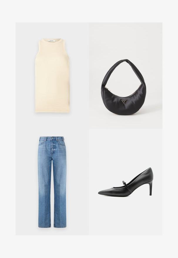 Top sin mangas de color beige claro, hecho de tejido acanalado, que presenta un escote redondo y un diseño ajustado. Textura suave con costuras mínimas.; Jeans de mezclilla azul claro con un diseño de pierna recta, que presentan una cintura alta, cinco bolsillos y costuras visibles. La textura es suave y clásica.; Zapato de tacón alto de cuero negro con punta puntiaguda, con tira fina y hebilla sobre el empeine, sobre fondo claro y neutro.; Bolso de satén negro con forma curva, que cuenta con un cierre de cremallera y un logo triangular en metal en la parte delantera. Textura suave y diseño elegante.