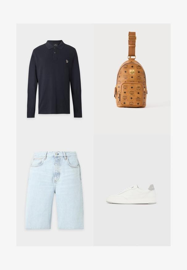 Polo bleu marine à manches longues avec deux boutons et un petit logo zèbre multicolore brodé sur la poitrine gauche.; Short en denim bleu clair avec poches avant, passants de ceinture, fermeture par boutons et aspect délavé.; Baskets basses blanches avec un onglet de talon gris, des lacets blancs et une semelle texturée, présentées sur un fond uni clair.; Petit sac bandoulière en cuir beige avec bandoulière réglable, poche zippée à l'avant et motif répété du logo noir MCM.