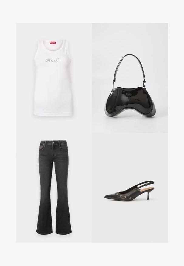Débardeur blanc sans manches avec col rond, orné d'un petit texte en strass formant "diesel" sur la poitrine et d'une étiquette rouge Diesel à l'intérieur du col.; Jean en denim noir à coupe évasée, avec une taille mi-haute, un design à cinq poches et des détails de couture sur les poches. Texture lisse avec un léger éclat.; Escarpin à bride arrière en cuir noir avec bout pointu, petit talon et accents métalliques décoratifs le long de l'ouverture avant. Texture lisse.; Sac à main en cuir verni noir avec une forme incurvée unique, une anse courte et ajustable, et une fermeture zippée. Texture lisse avec un branding discret.