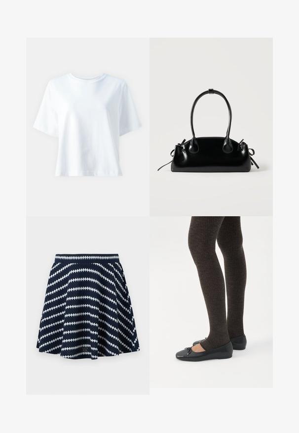 T-shirt en coton blanc avec un col rond, des manches courtes, une coupe décontractée et une texture lisse. Aucune motif ni accent visible.; Jupe tricotée bleu marine avec des rayures blanches en zigzag diagonales et une taille élastique, silhouette évasée.; Jambes portant des leggings côtelés foncés associés à des ballerines noires avec de petits détails en nœud sur fond blanc.; Petit sac à main noir brillant avec deux longues anses et des détails à cordon sur les côtés sur un fond clair uni.