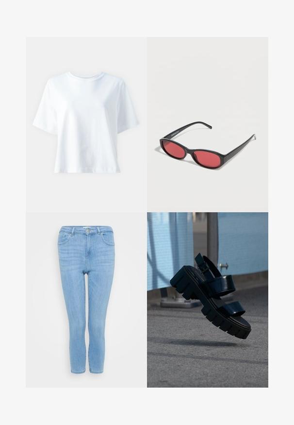 T-shirt en coton blanc avec un col rond, des manches courtes, une coupe décontractée et une texture lisse. Aucune motif ni accent visible.; Jeans en denim bleu clair avec une coupe ajustée, design à cinq poches, taille mi-haute et longueur légèrement cropped au niveau des chevilles.; Sandale plateforme noire épaisse avec deux brides et une boucle, suspendue en l'air au-dessus d'un sol en béton gris et d'un fond en tissu bleu.; Lunettes de soleil ovales noires avec des branches fines et des verres teintés rouges posées sur une surface blanche.