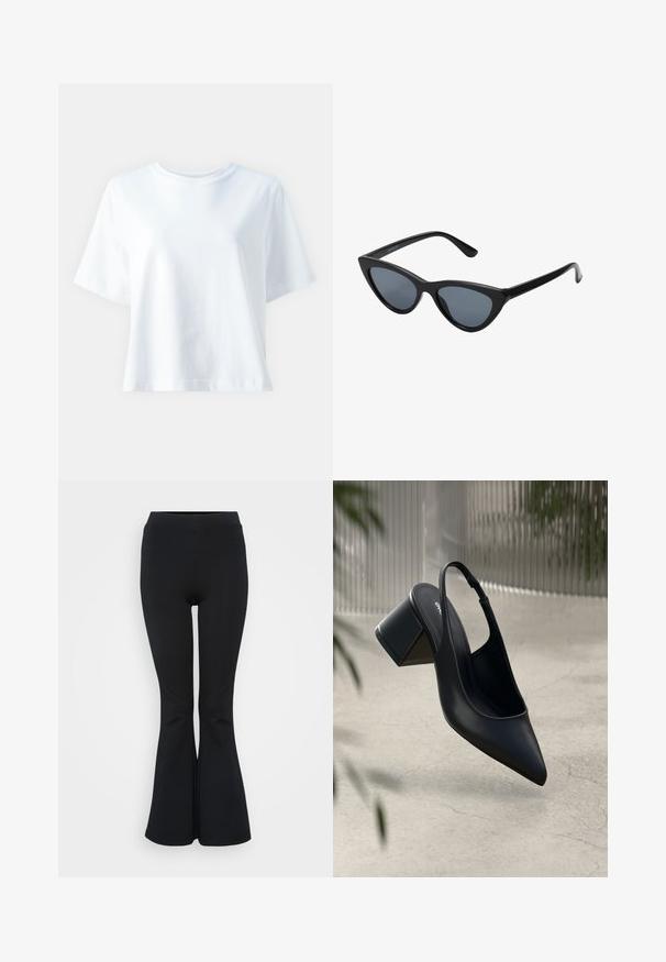 T-shirt en coton blanc avec un col rond, des manches courtes, une coupe décontractée et une texture lisse. Aucune motif ni accent visible.; Leggings noires évasées en matériau extensible. Dotés d'une taille haute et d'une texture lisse. Se terminent par un ourlet évasé.; Escarpin noir en cuir avec un bout pointu et un talon bloc. Texture lisse, design minimaliste et bride de cheville réglable.; Lunettes de soleil noires en forme d'œil de chat avec des verres gris foncé, monture en plastique élégante, coins pointus et branches droites. Pas de métal visible ni d'accents.