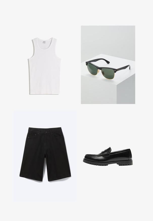 Débardeur blanc en coton avec un col rond et de larges bretelles. Texture lisse, sans motifs ni accents, design simple.; Short en jean noir longueur genou avec bouton à l'avant, passants de ceinture et cinq poches, présenté sur fond blanc.; Mocassin en cuir noir avec une semelle en caoutchouc épaisse et un détail classique de bride à monnaie, vu de côté extérieur.; Lunettes de soleil Ray-Ban avec des verres verts, monture en plastique noir et accents dorés sur les bords. Forme carrée avec une finition mate.