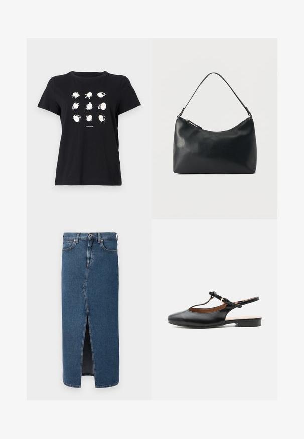 T-shirt en coton noir avec des illustrations imprimées de coquillages et de créatures marines en blanc disposées en grille, avec un col rond et des manches courtes.; Jupe crayon en denim bleu moyen avec une fente à l'avant, design classique à cinq poches et fermeture à bouton à la taille. Texture lisse.; Chaussure plate slingback en cuir noir avec bride en T et boucle dorée sur fond neutre.; Sac bandoulière en cuir noir texturé avec fermeture éclair incurvée en haut et une seule sangle ajustable sur fond uni.